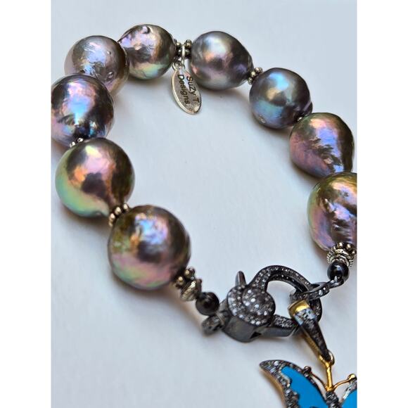 GORGEOUS Suzy T Designs Freshwater Pearl, Sterling w/Diamond Chip Clasp Bracelet - Picture 3 of 9